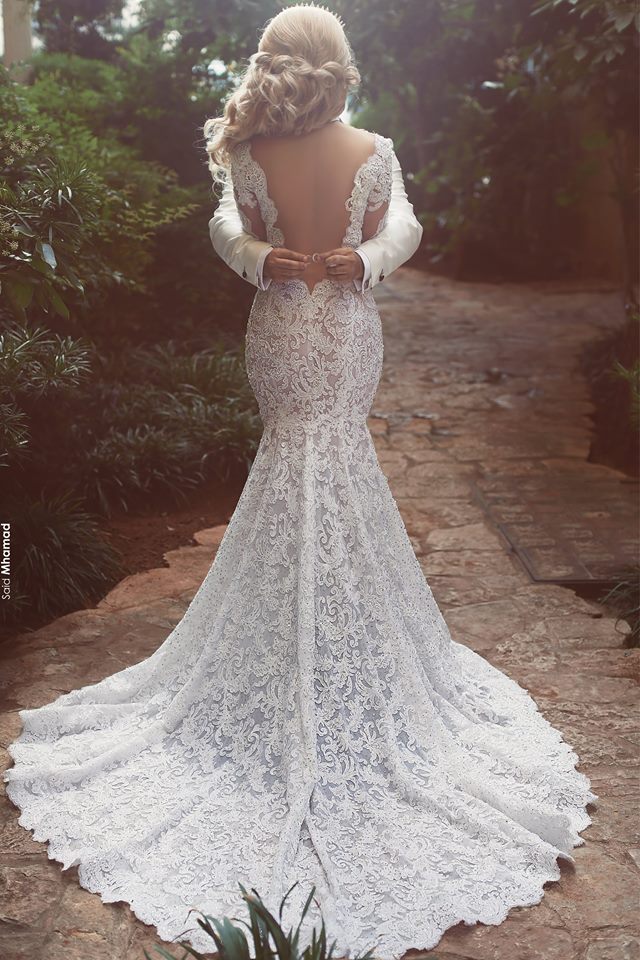 Long Sleeves Mermaid Lace Wedding Dress Modern Open Back V Neck Classic Bridal Gown Long Sleeves Mermaid Lace Wedding Dress Modern Open Back V Neck Classic Bridal Gown