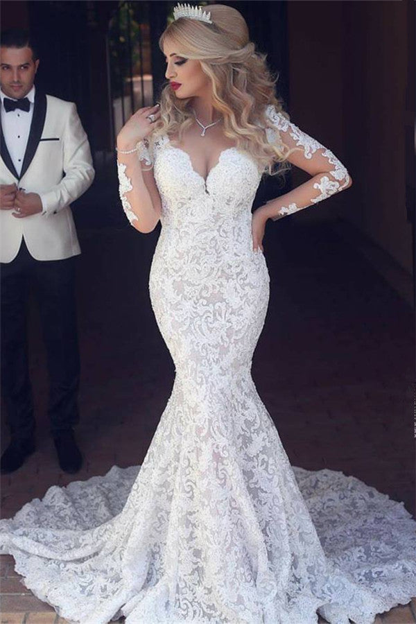 Long Sleeves Mermaid Lace Wedding Dress Modern Open Back V neck Classic Bridal Gown Long Sleeves Mermaid Lace Wedding Dress Modern Open Back V neck Classic Bridal Gown
