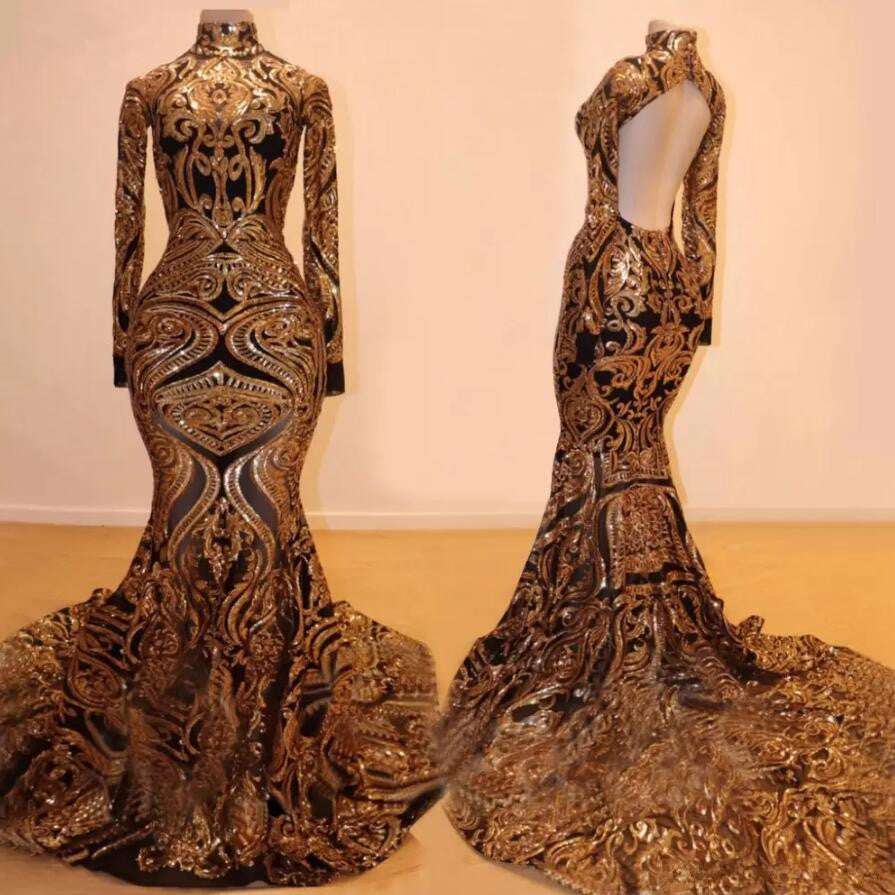 Long Sleeves Mermaid Prom Dress Gold Appliques Open Back Long Sleeves Mermaid Prom Dress Gold Appliques Open Back