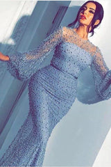 Long Sleeves Modest Mermaid Prom Dress Long Small Round Collar-Ballbella