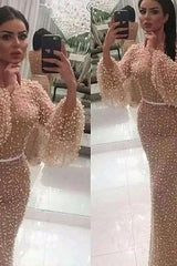 Long Sleeves Modest Mermaid Prom Dress Long Small Round Collar-Ballbella