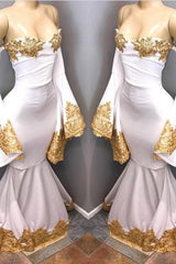 Long Sleeves Prom Party Gowns with gold appliques, mermaid evening dress-Ballbella
