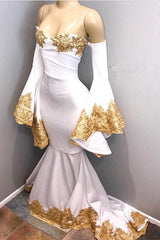 Long Sleeves Prom Party Gowns with gold appliques, mermaid evening dress-Ballbella