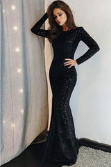 Long Sleeves Round Collar Mermaid Prom Dress Black Sequins Long Chiffon-Ballbella