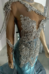 Long sleeves Silver Dusty Blue Shiny Court Train Beaded Prom Dresss-Ballbella