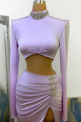 Long Sleeves Small Round Collar Prom Dress Purple Beaded Long Chiffon-Ballbella