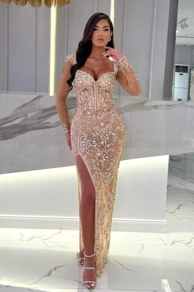 Long sleeves Sparkle Beaded Mermaid High Split Sweetheart Overskirt Prom Dresses Long sleeves Sparkle Beaded Mermaid High Split Sweetheart Overskirt Prom Dresses