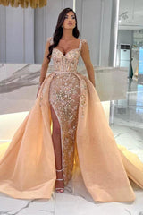 Long sleeves Sparkle Beaded Mermaid High Split Sweetheart Overskirt Prom Dresses-Ballbella