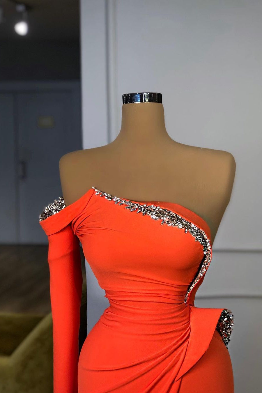 Long sleeves Strapless Orange Sequined Long Prom Dress Long sleeves Strapless Orange Sequined Long Prom Dress
