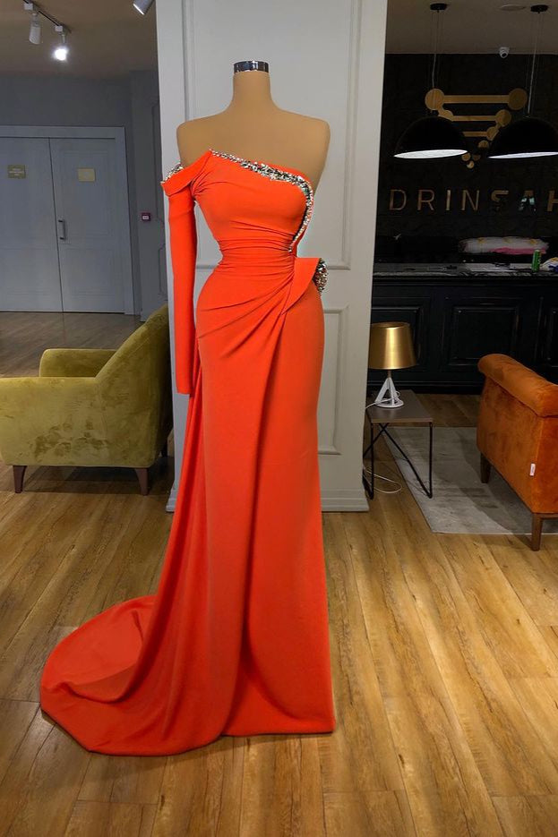 Long sleeves Strapless Orange Sequined Long Prom Dress Long sleeves Strapless Orange Sequined Long Prom Dress