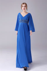 Long sleeves V-neck Ankle-length Backless beading mother's dress-Ballbella