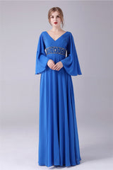 Long sleeves V-neck Ankle-length Backless beading mother's dress-Ballbella