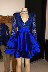 Long Sleeves V-Neck Lace Prom Dress Sequins Blue Short-Ballbella