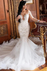Long Sleeves V neck Mermaid Court train Summer Wedding Dress-Ballbella