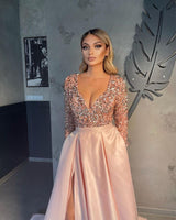 Long Sleeves V-Neck Sequins Prom Dress Long With Slit Online-Ballbella