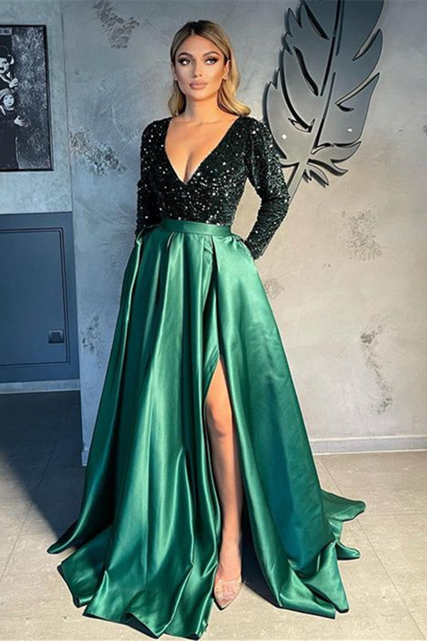 Long Sleeves V-Neck Sequins Prom Dress Long With Slit Online Ballbella Long Sleeves V-Neck Sequins Prom Dress Long With Slit Online Ballbella