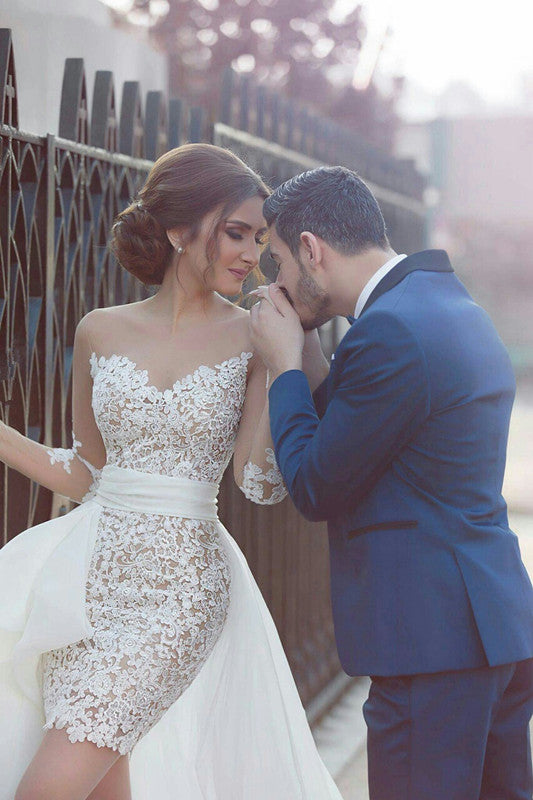 Long Sleeves Wedding Dress with Detachable Train Latest Short Lace Bridal Gown Long Sleeves Wedding Dress with Detachable Train Latest Short Lace Bridal Gown