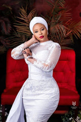 Long Sleeves White Lace Tulle Wedding Gown-Ballbella