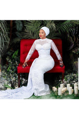 Long Sleeves White Lace Tulle Wedding Gown-Ballbella