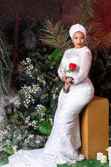 Long Sleeves White Lace Tulle Wedding Gown-Ballbella