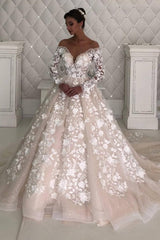 Long Sleevess A line Lace Designer wedding dresses with sleeves-Ballbella