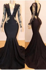 Long Sleevess Appliques Mermaid V-neck Long Prom Dresses-Ballbella