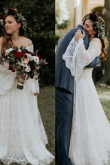 Long Sleevess Beach Beach Garden Tulle White Loose Wedding Dress-Ballbella