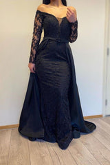Long Sleevess Black A-line off-the-shoulder Evening Dresses-Ballbella