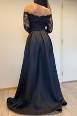 Long Sleevess Black A-line off-the-shoulder Evening Dresses-Ballbella