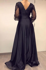 Long Sleevess Black V-neck High Split Bishop sleeves Evening Dresses-Ballbella