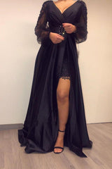 Long Sleevess Black V-neck High Split Bishop sleeves Evening Dresses-Ballbella
