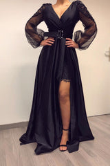 Long Sleevess Black V-neck High Split Bishop sleeves Evening Dresses-Ballbella