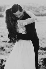 Long Sleevess Floor Length Applique Tulle A Line Scoop Wedding Dresses-Ballbella