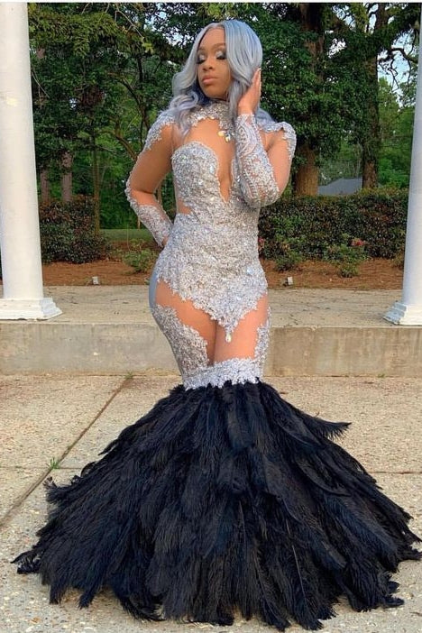 Long Sleevess Lace Appliques Illusion Fur Train Mermaid Silver Prom Dresses Long Sleevess Lace Appliques Illusion Fur Train Mermaid Silver Prom Dresses