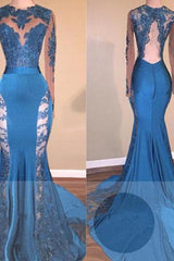 Long Sleevess Lace Appliques Open Back Brush Train Mermaid Prom Gowns-Ballbella