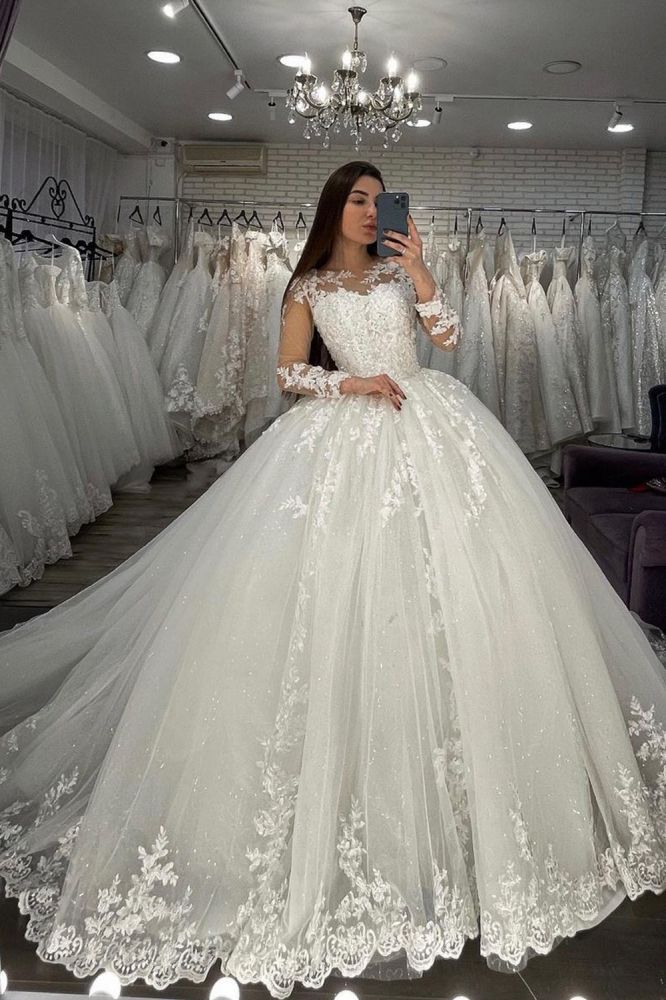 Long Sleevess Lace Appliques Tulle Wedding Gown White Garden Aline Spring Bridal Gown Long Sleevess Lace Appliques Tulle Wedding Gown White Garden Aline Spring Bridal Gown
