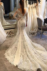 Long Sleevess Lace Mermaid Court Train V neck Wedding Dresses-Ballbella