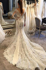 Long Sleevess Lace Mermaid Court Train V neck Wedding Dresses-Ballbella