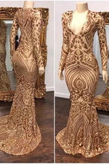 Long Sleevess V-neck Beading Patterns Long Mermaid Prom Gowns-Ballbella