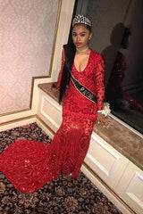 Long Sleevess V-neck Beading Patterns Long Mermaid Prom Gowns-Ballbella