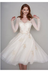 Long Sleevess V neck Ivory Short Lace Summer Wedding Dress-Ballbella