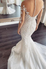 Long Sleevess V neck Lace Mermaid white Wedding Dresses Online-Ballbella