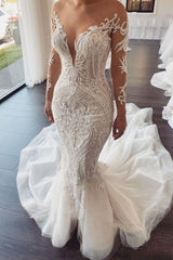 Long Sleevess V neck Lace Mermaid white Wedding Dresses Online-Ballbella