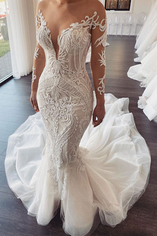 Long Sleevess V neck Lace Mermaid White Wedding Dresses Online Long Sleevess V neck Lace Mermaid White Wedding Dresses Online