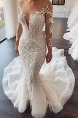 Long Sleevess V neck Lace Mermaid white Wedding Dresses Online-Ballbella