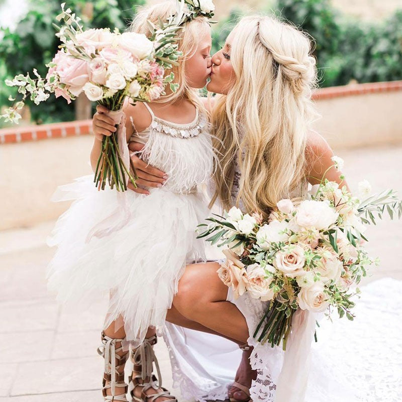 Lovely Boho Tea Length Spaghetti Straps Short Flower Girl Dresses with Feather, 2 Lovely Boho Tea Length Spaghetti Straps Short Flower Girl Dresses with Feather, 2