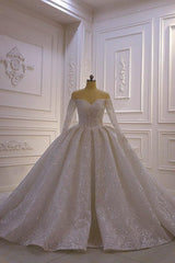 Luxurious Ball Gown Long Sleevess 3D Lace Sweetheart Long Wedding Dresses-Ballbella