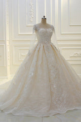 Luxurious Ball Gown Long Sleevess Lace Applqiues Beadings Wedding Dress-Ballbella