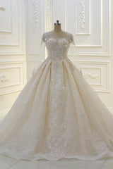 Luxurious Ball Gown Long Sleevess Lace Applqiues Beadings Wedding Dress-Ballbella