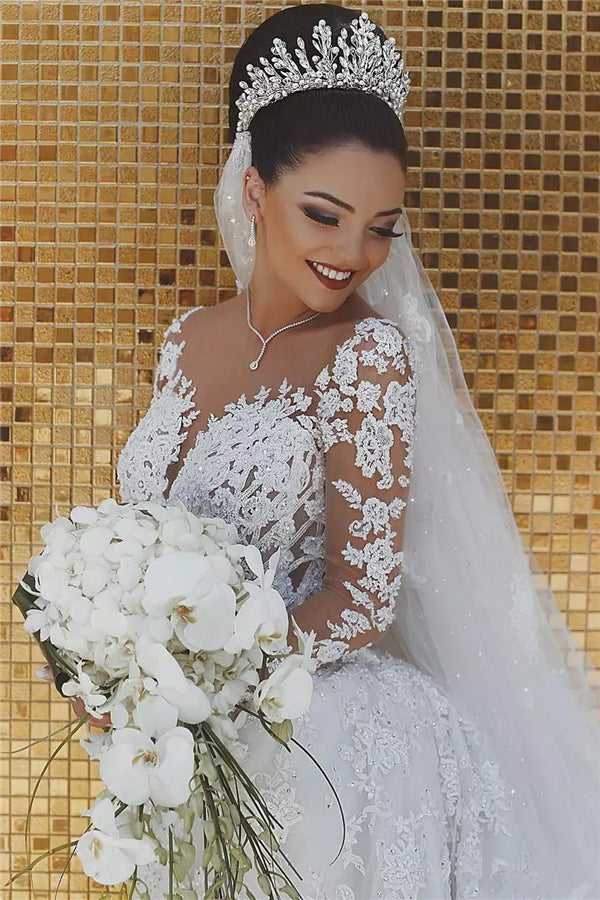 Luxurious Beaded Lace Mermaid Wedding Dresses with Sleeves Sheer